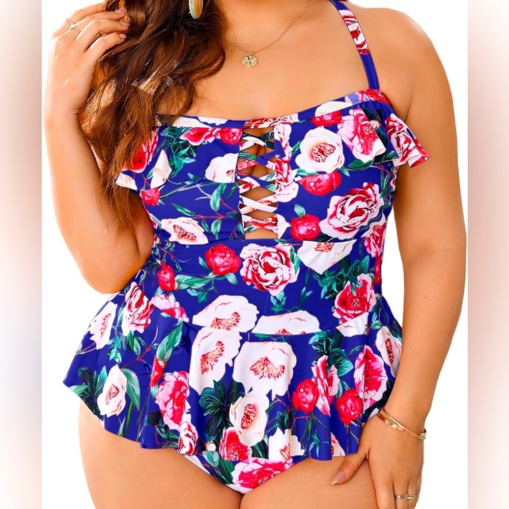 Tutorutor Womens XXL Peplum Bikini Tummy Control Two Piece Floral Retro Swimsuit